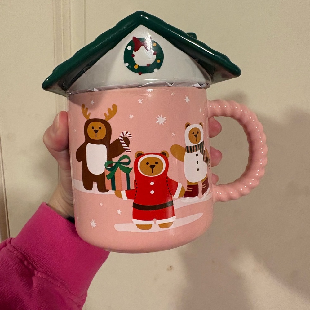 Starbucks Pink Holiday 2025 Ceramic Mug with Green Roof/Lid
